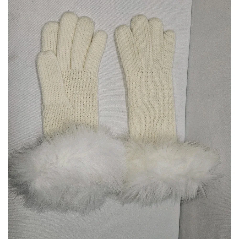 VTG Cream Knit Gloves Real Fur Trim Cuffs OS Winter Glam Coquette Cottagecore